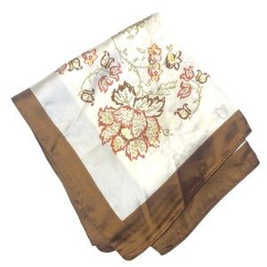 Silk Twill Square Scarf Vintage Floral Design Brown White Head Scarf